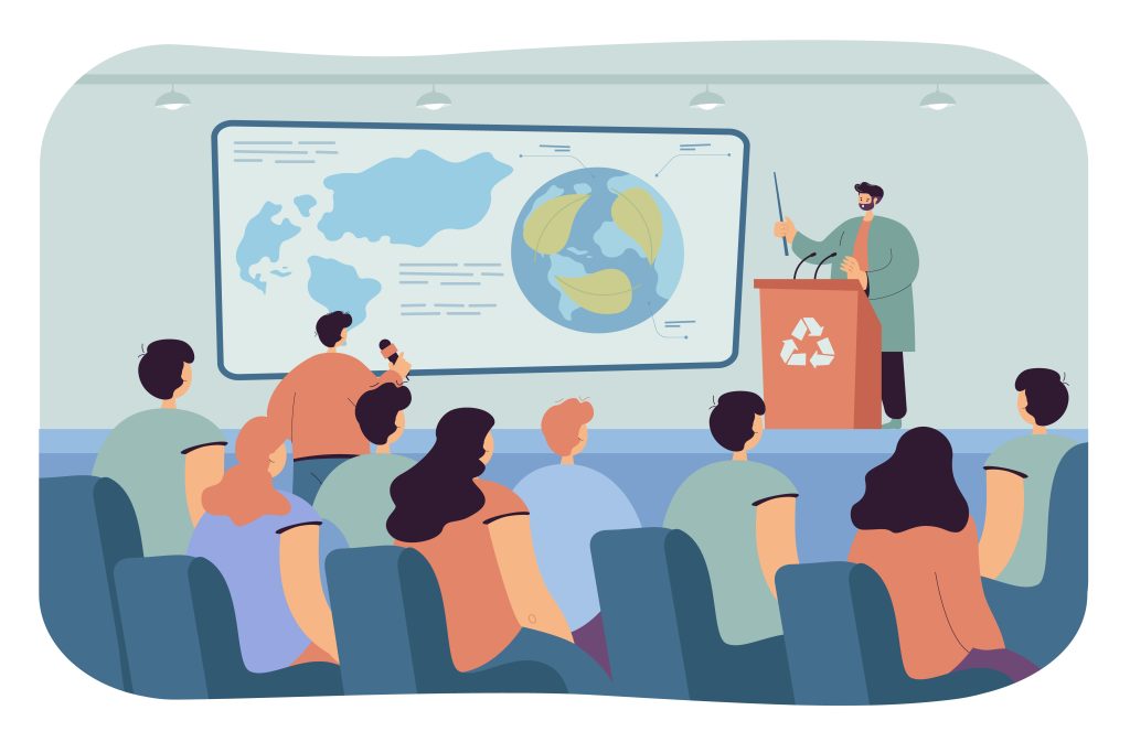 Ecologist giving presentation at conference. Man on stage behind tribune talking to audience, press asking questions flat vector illustration. Ecology, recycling concept for banner, website design