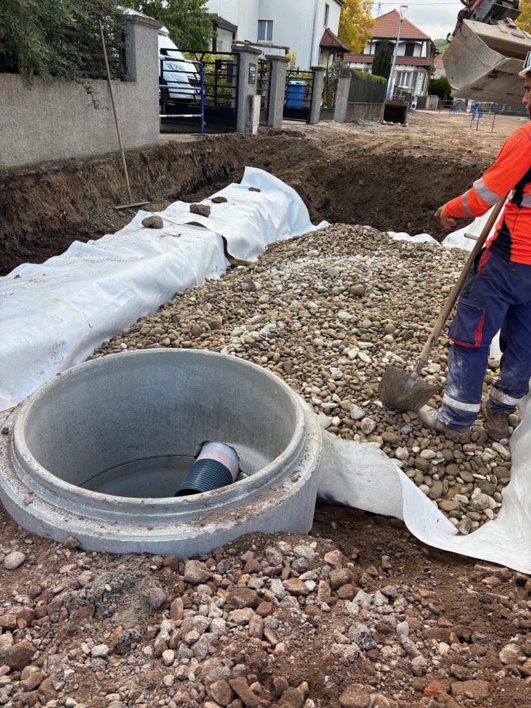 Rue du Chanoine Gass, le fond et le bord de la tranchée sont protégés par un géotextile. La tranchée est ensuite remplie de matériaux granulaires.