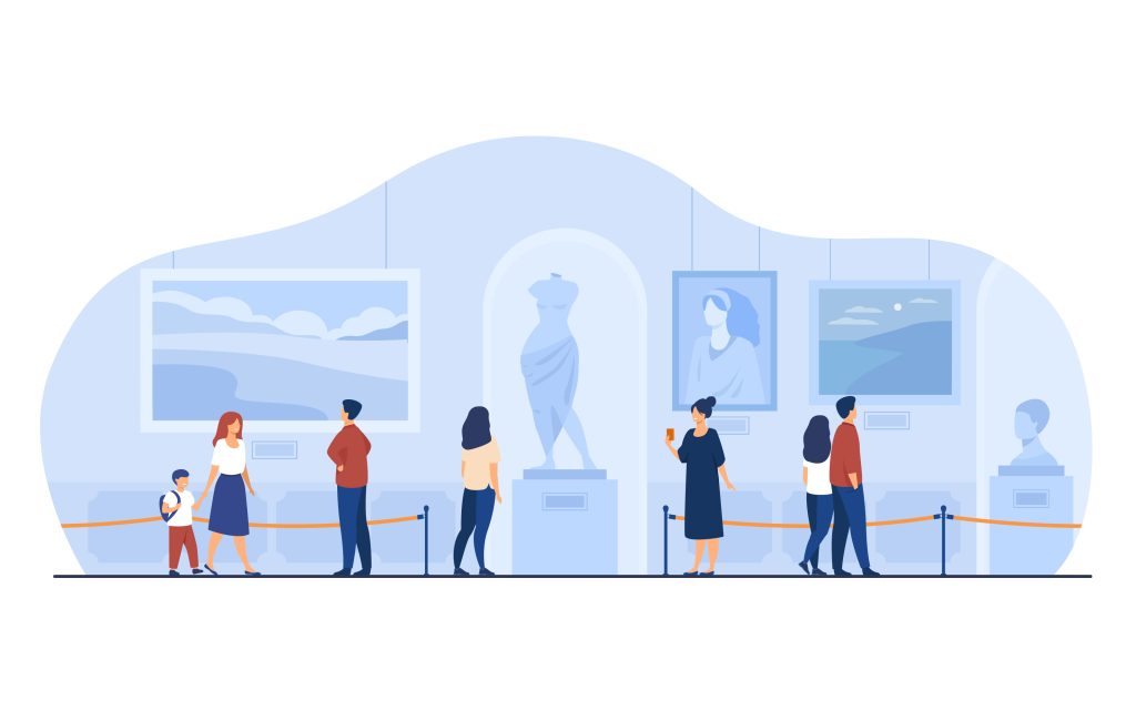 Museum visitors walking in art gallery Museum visitors walking in art gallery. Tourists enjoying exposition, admiring artworks at exhibition. Vector illustration for excursion, people and culture concept.